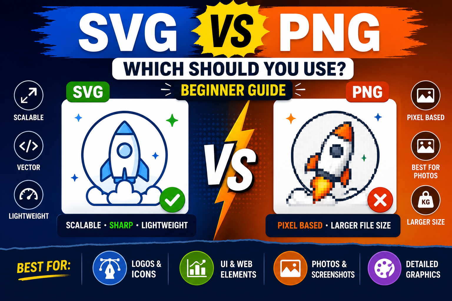 Comparison graphic showing an SVG logo remaining sharp when enlarged beside a PNG image becoming pixelated, illustrating the differences between SVG and PNG formats.