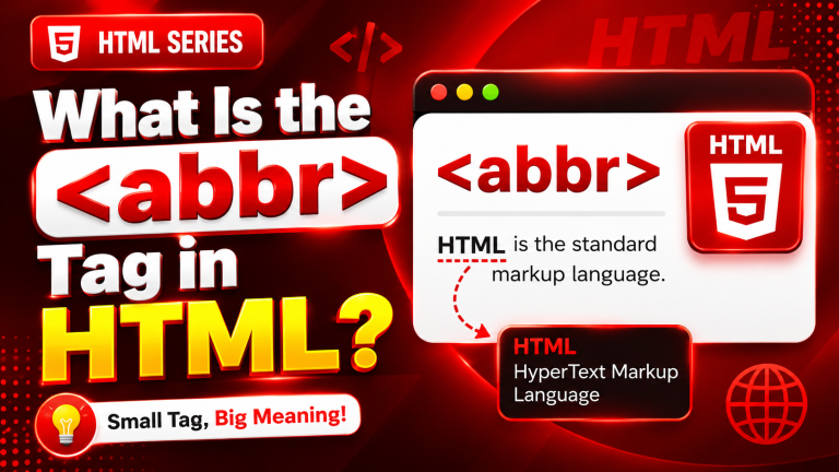 Red and black thumbnail explaining the HTML abbr tag, with highlighted HTML code and an HTML5 logo.
