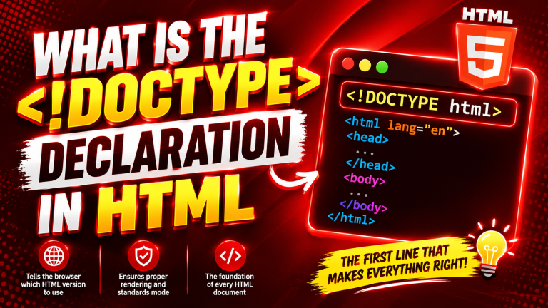 thumbnail explaining the DOCTYPE declaration in HTML, featuring an HTML code editor and HTML5 logo.