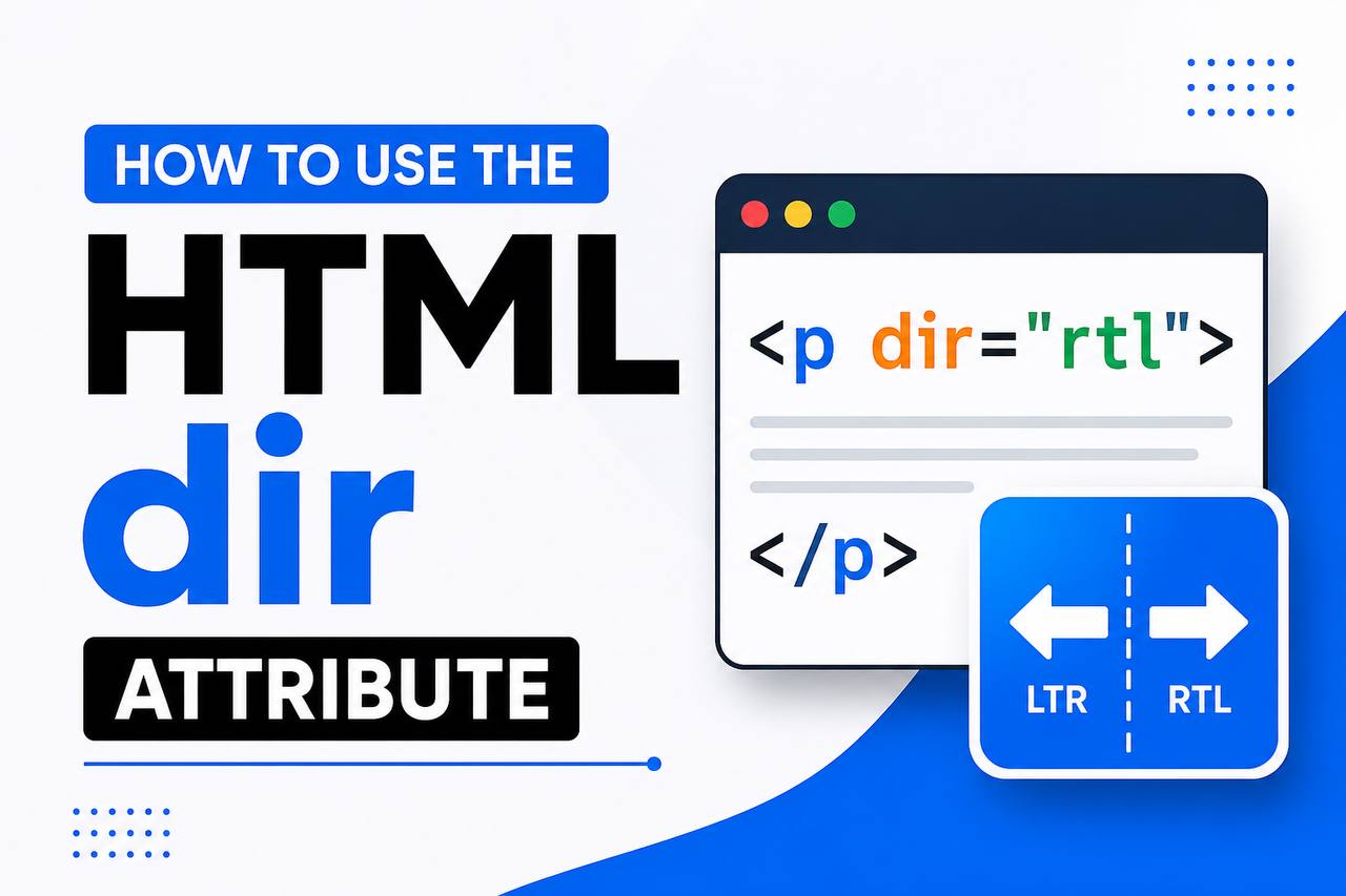 HTML tutorial graphic showing the dir attribute controlling text direction with side-by-side examples of left-to-right (LTR) and right-to-left (RTL) content.