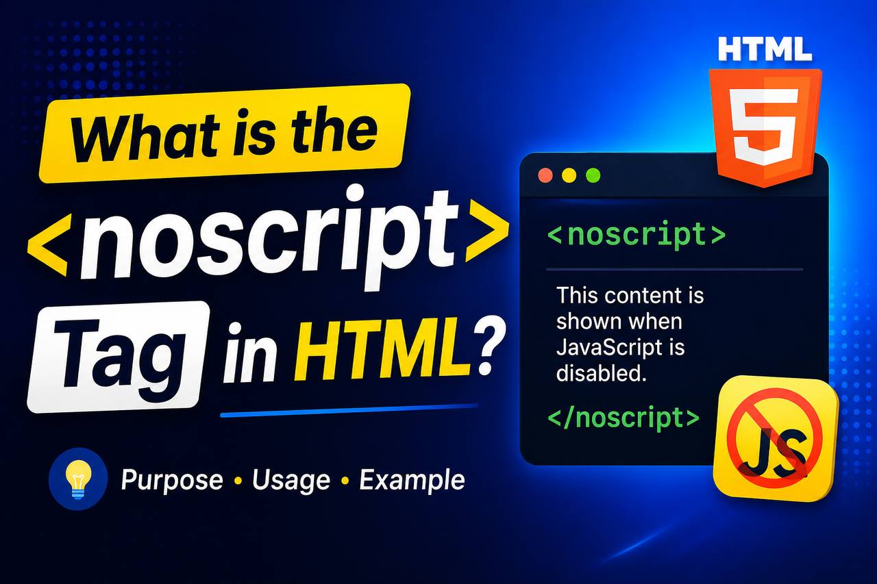 HTML tutorial illustration showing the tag displaying a fallback message when JavaScript is disabled in a web browser.