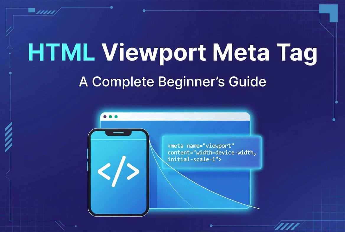 HTML tutorial illustration showing the viewport meta tag making a webpage responsive across desktop, tablet, and smartphone screens.