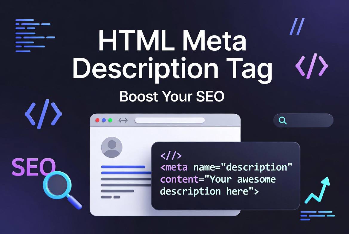 HTML tutorial illustration showing the description meta tag inside the section of an HTML document and a search engine result displaying the page title with its meta description snippet.
