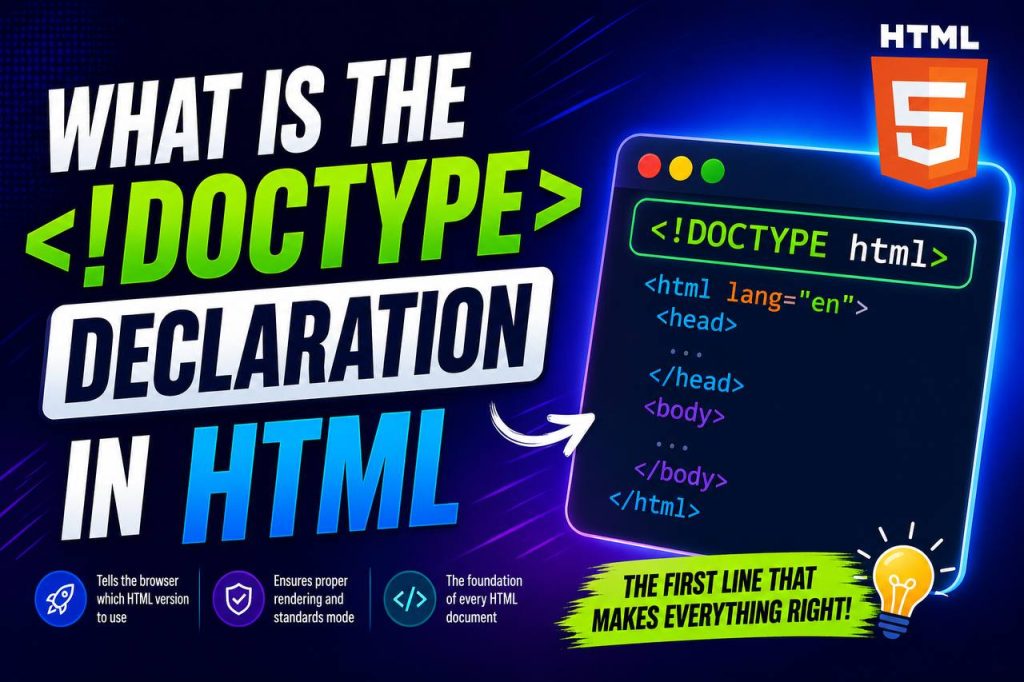 HTML tutorial image showing the declaration at the top of an HTML document in Visual Studio Code, highlighting its role in defining the HTML5 document type.