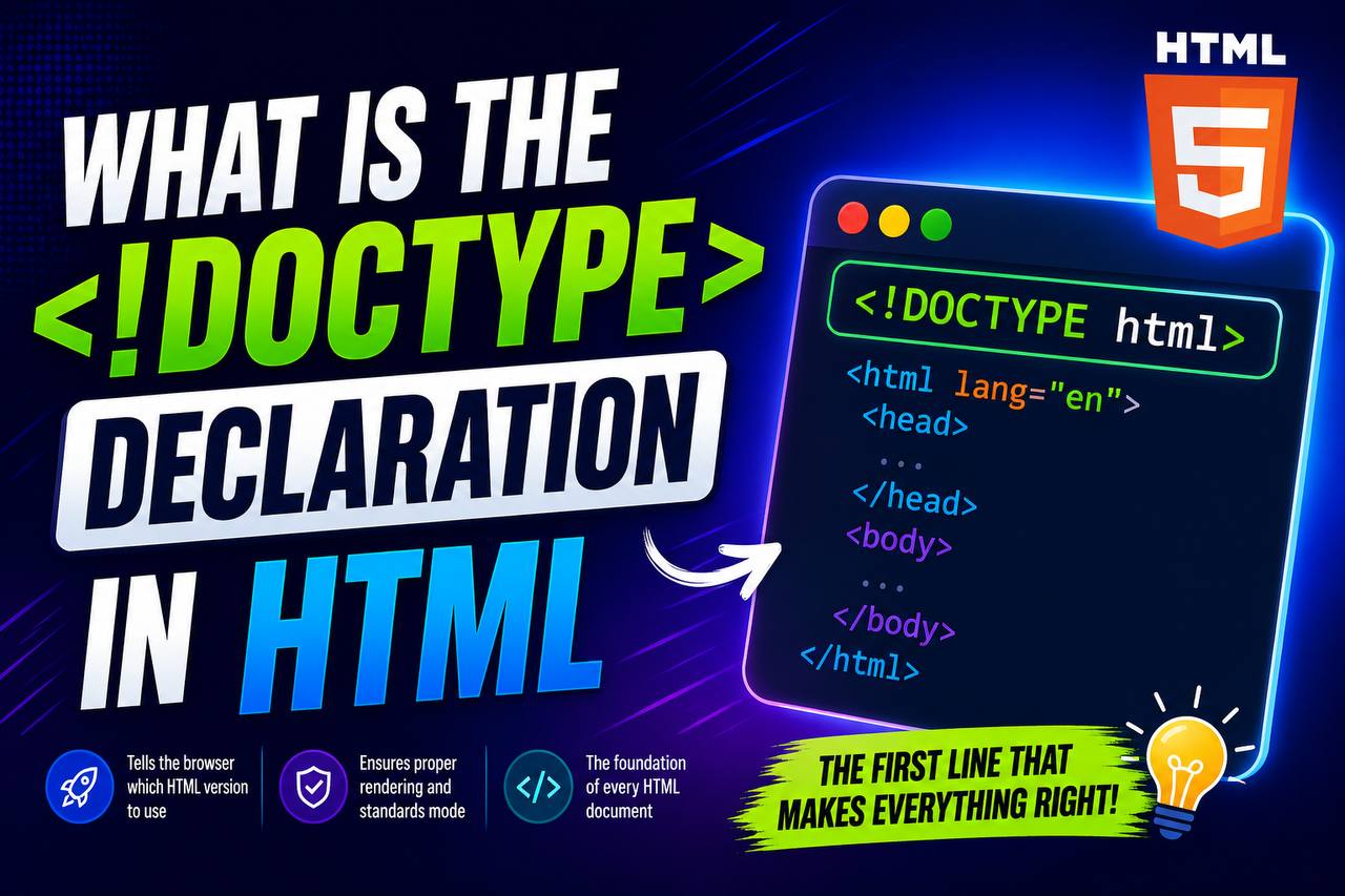 HTML tutorial image showing the declaration at the top of an HTML document in Visual Studio Code, highlighting its role in defining the HTML5 document type.