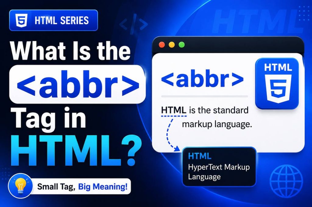 HTML tutorial illustration showing the tag with an abbreviation like "HTML" displaying its full meaning "HyperText Markup Language" as a tooltip when hovered over.
