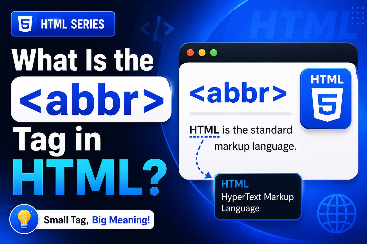 HTML tutorial illustration showing the tag with an abbreviation like "HTML" displaying its full meaning "HyperText Markup Language" as a tooltip when hovered over.