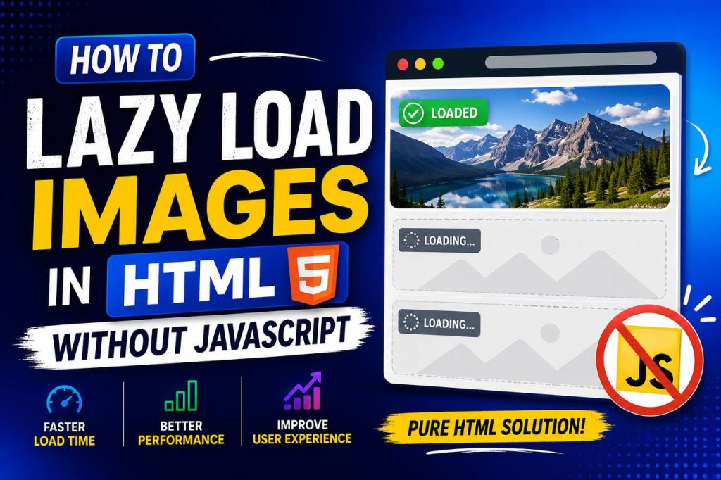 HTML tutorial illustration showing lazy-loaded images on a webpage, with images loading progressively as the user scrolls down the page.
