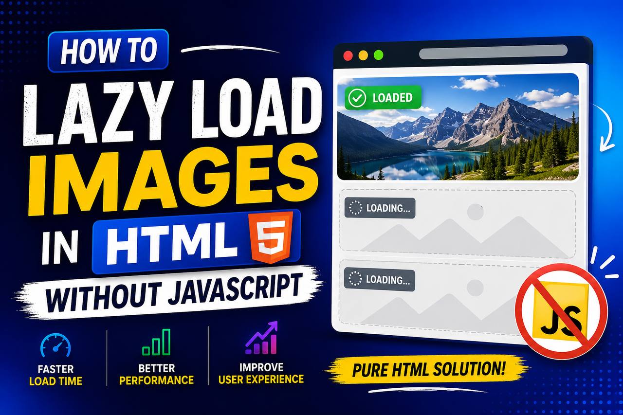 HTML tutorial illustration showing lazy-loaded images on a webpage, with images loading progressively as the user scrolls down the page.