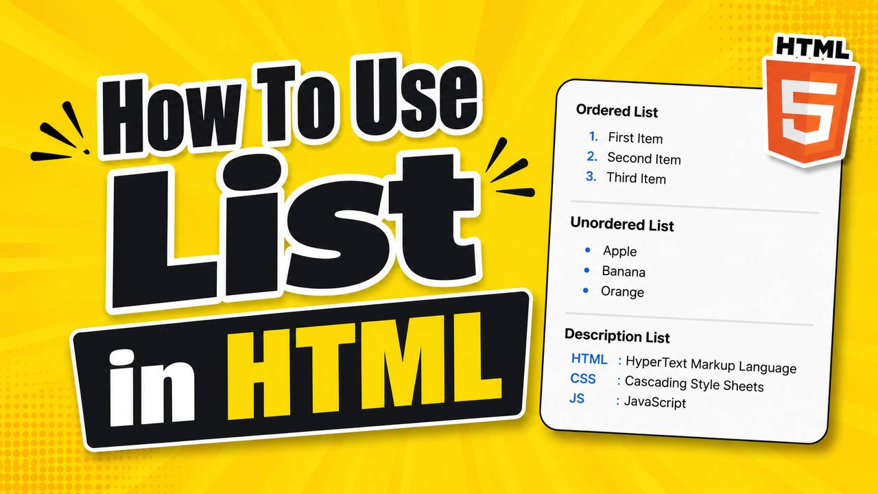HTML tutorial illustration showing unordered, ordered, and description lists displayed on a webpage with examples of bullet points, numbered steps, and term definitions.