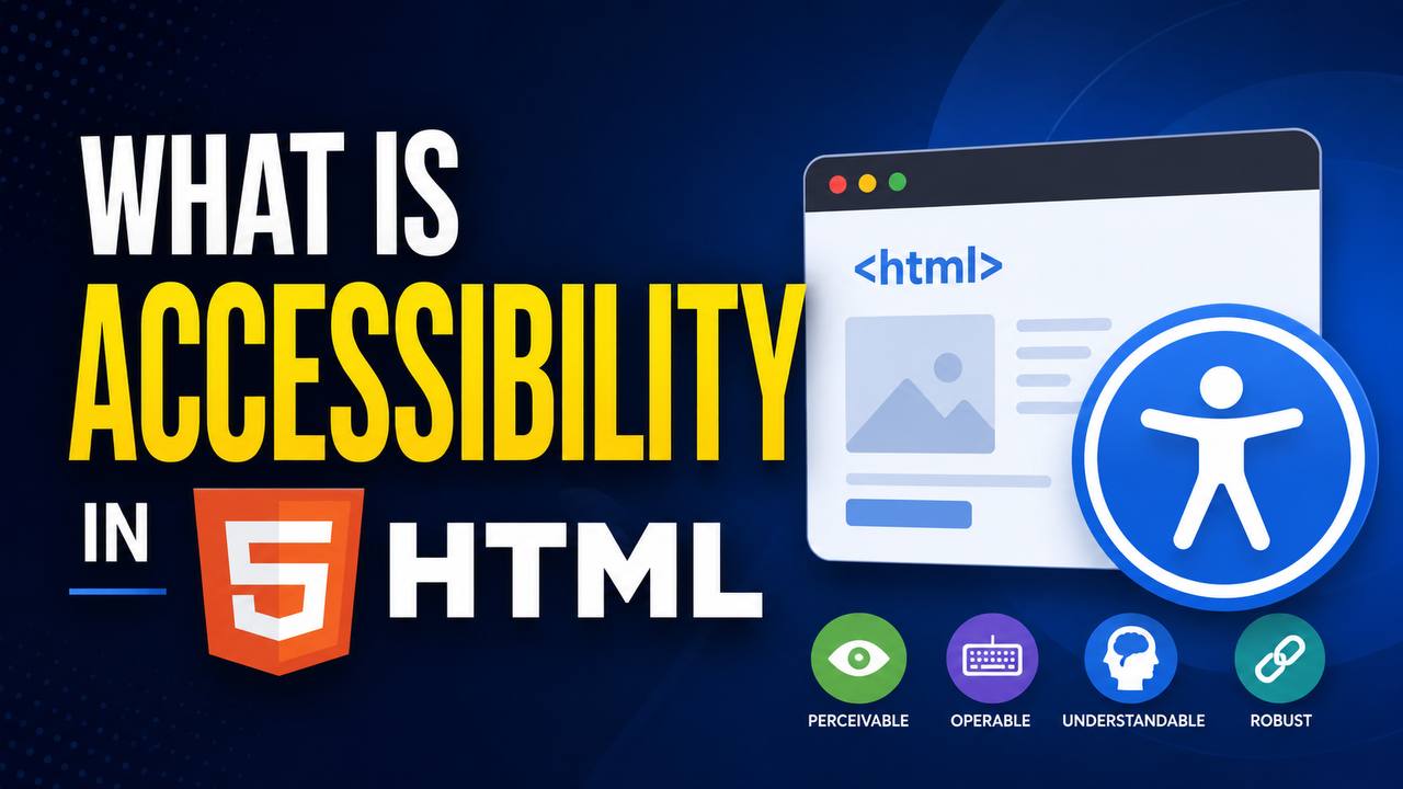 HTML accessibility tutorial illustration showing a webpage with semantic HTML structure, keyboard navigation, screen reader support, image alt text, and accessible form labels.