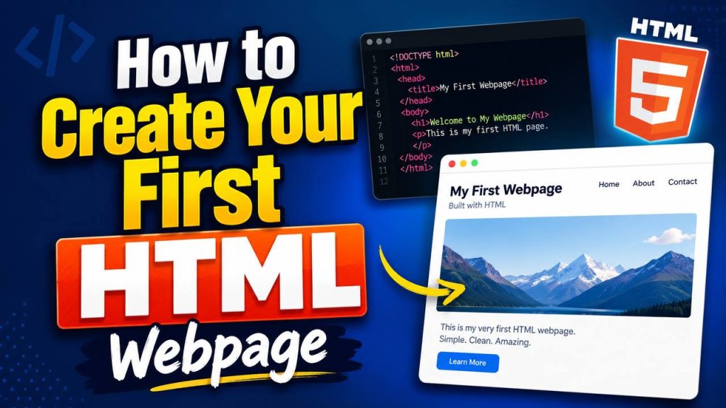Colorful HTML tutorial thumbnail showing a code editor with an index.html file beside a browser preview of a simple webpage, illustrating how to create your first HTML webpage from scratch.