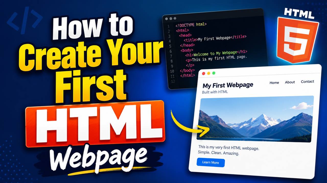 Colorful HTML tutorial thumbnail showing a code editor with an index.html file beside a browser preview of a simple webpage, illustrating how to create your first HTML webpage from scratch.