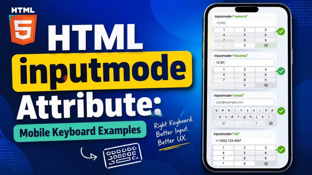 Mobile-friendly HTML form illustration showing different virtual keyboards triggered by the inputmode attribute, including numeric, email, telephone, search, and URL keyboard layouts.