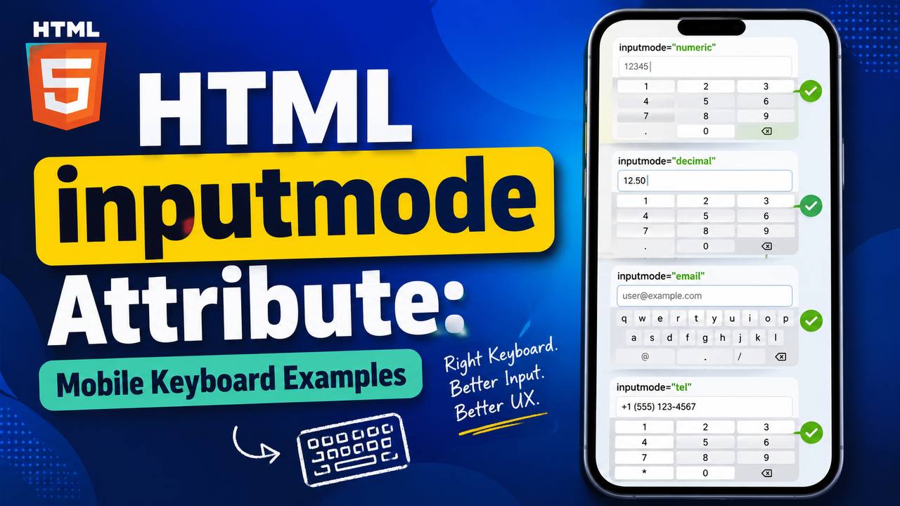 Mobile-friendly HTML form illustration showing different virtual keyboards triggered by the inputmode attribute, including numeric, email, telephone, search, and URL keyboard layouts.