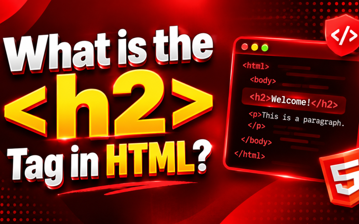 Red and black thumbnail explaining the H2 tag in HTML, with highlighted HTML heading code and an HTML5 logo.