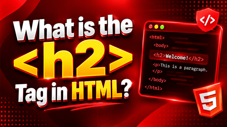 Red and black thumbnail explaining the H2 tag in HTML, with highlighted HTML heading code and an HTML5 logo.