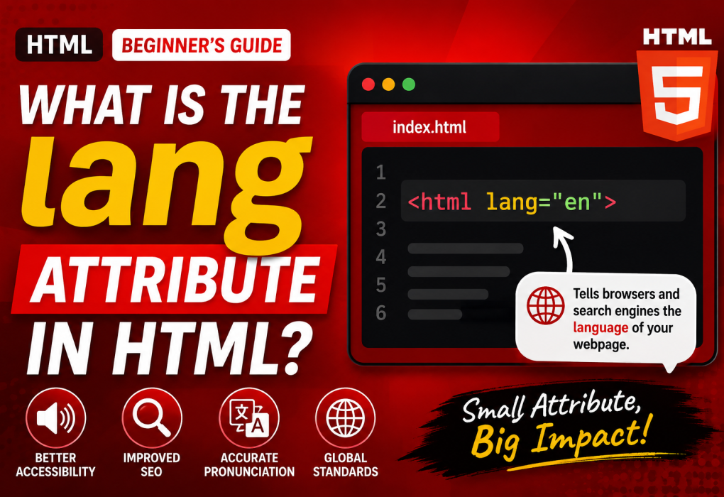 HTML tutorial thumbnail showing the lang attribute with in a code editor, highlighting accessibility, SEO, and multilingual website support.