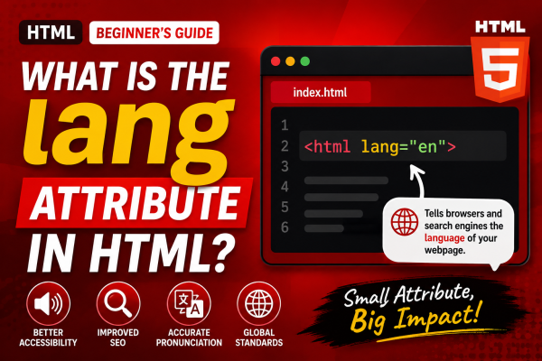HTML tutorial thumbnail showing the lang attribute with in a code editor, highlighting accessibility, SEO, and multilingual website support.
