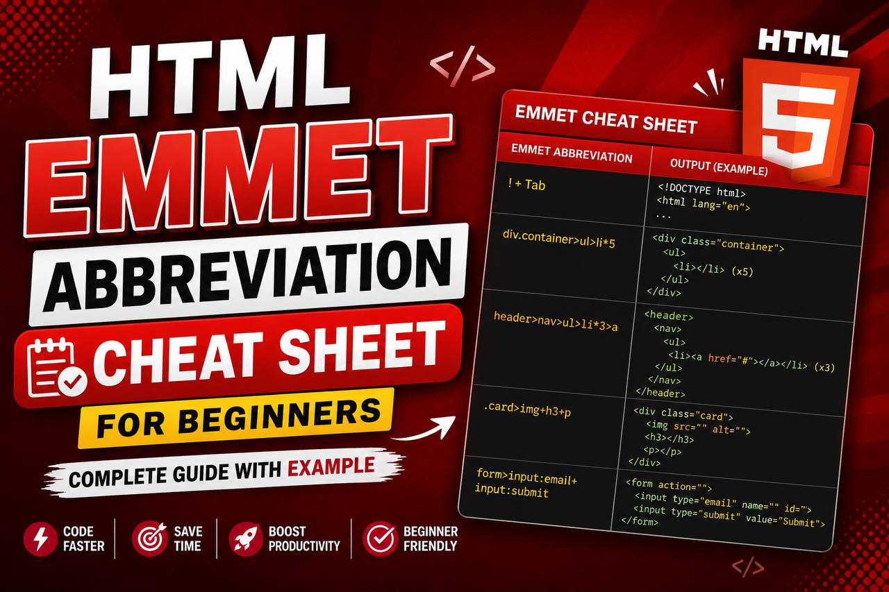 Visual Studio Code showing HTML Emmet abbreviations like ul>li*5>a expanding into complete HTML code for beginner web developers.