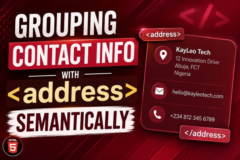 Grouping Contact Info with <address><address> Semantically</address> HTML tutorial illustration showing the element grouping contact information such as an email address, phone number, office location, and website inside a webpage footer.