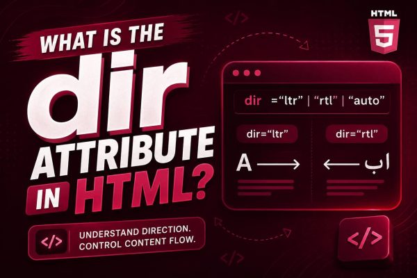 HTML tutorial thumbnail explaining the dir attribute and how it controls the text direction of content, including left-to-right and right-to-left text.