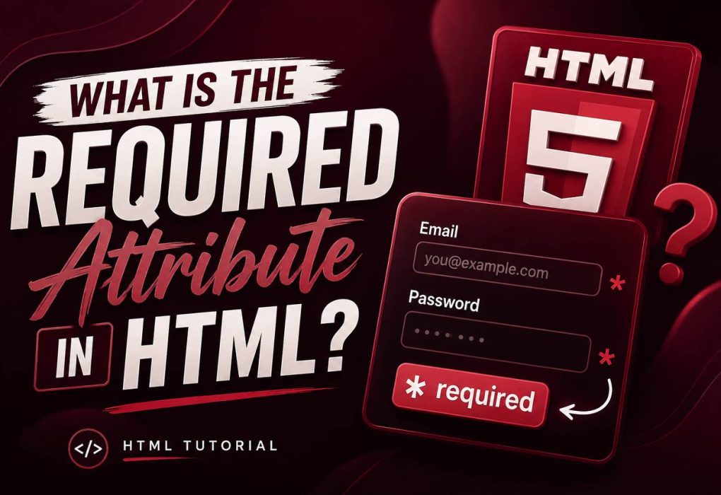 HTML tutorial graphic showing a web form with required input fields and a browser validation message explaining the HTML required attribute.