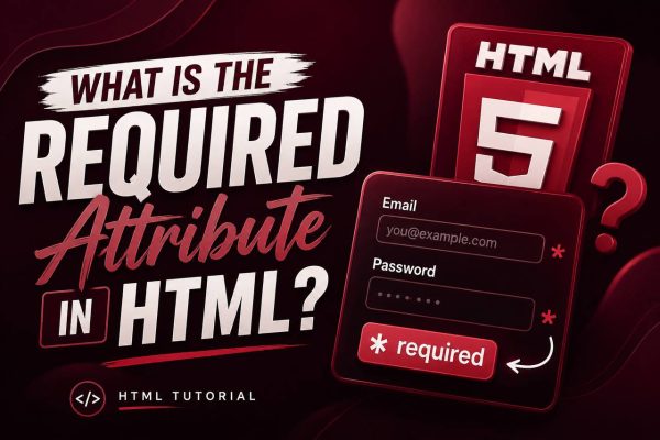 HTML tutorial graphic showing a web form with required input fields and a browser validation message explaining the HTML required attribute.
