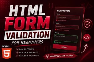 HTML form validation example showing required fields, email validation, password length, and age restrictions in a beginner-friendly form.