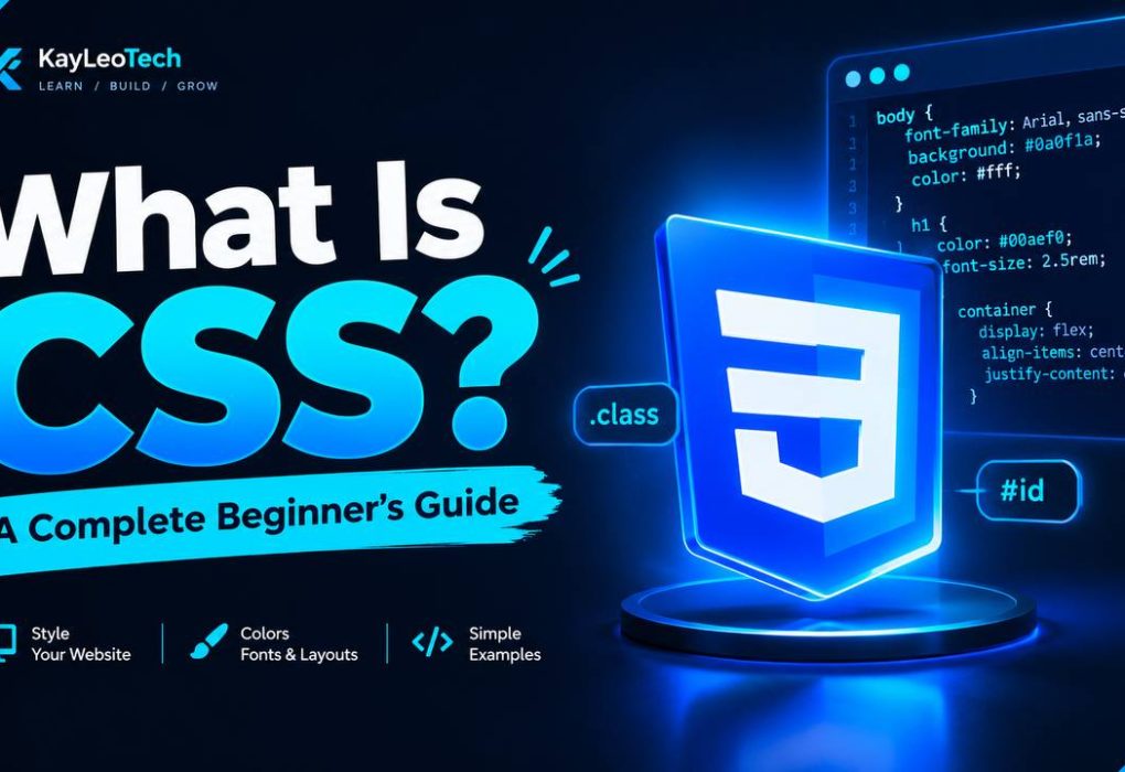 Beginner-friendly CSS tutorial showing HTML elements styled with CSS, including a heading, paragraph, and button.
