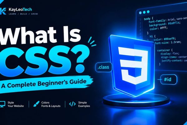 Beginner-friendly CSS tutorial showing HTML elements styled with CSS, including a heading, paragraph, and button.
