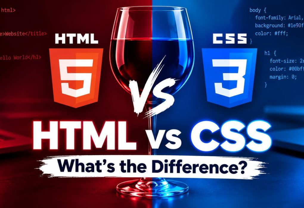 HTML vs CSS comparison showing HTML structure and CSS styling working together to create a webpage.