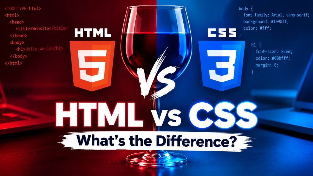 HTML vs CSS comparison showing HTML structure and CSS styling working together to create a webpage.