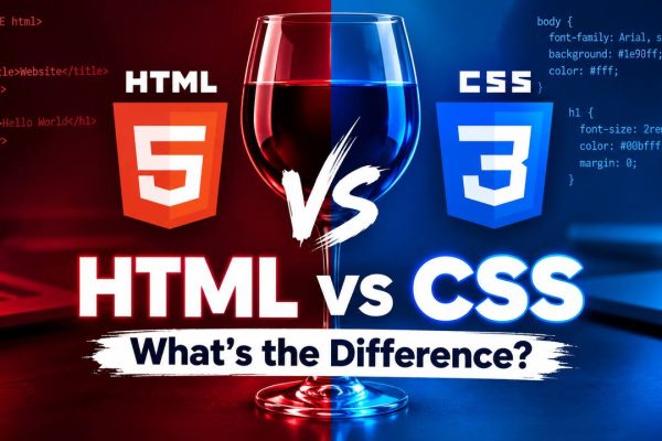 HTML vs CSS comparison showing HTML structure and CSS styling working together to create a webpage.