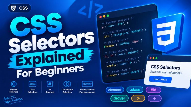 CSS Selectors Explained for Beginners CSS selectors tutorial showing element, class, ID, attribute, and pseudo-class selectors used to style HTML elements.