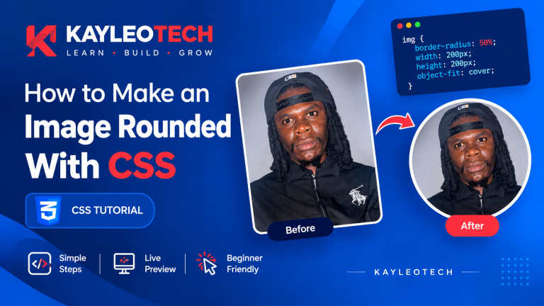 How to Make an Image Rounded With CSS Kayleotech blue CSS tutorial thumbnail showing how to make an image rounded with CSS using the border-radius property and a circular profile image.
