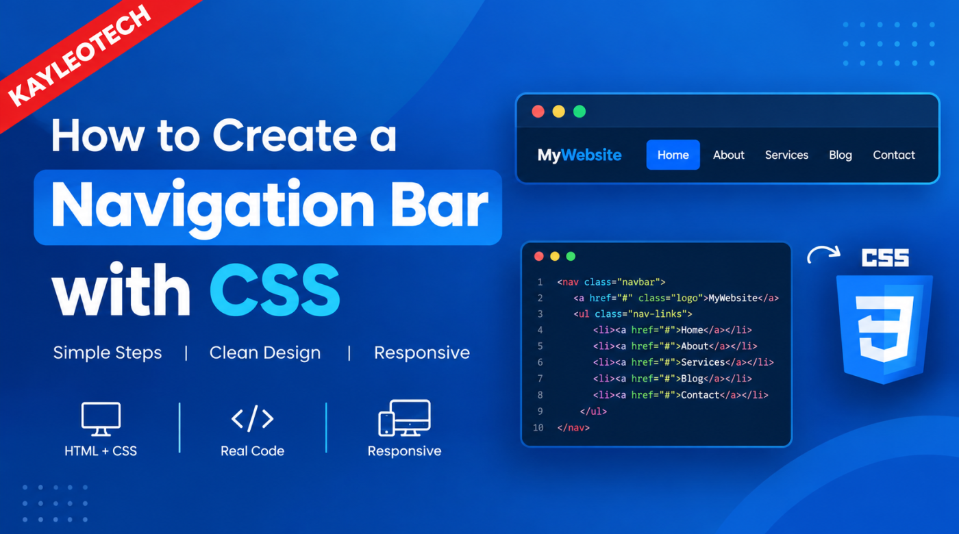 Blue thumbnail showing how to create a navigation bar with CSS, featuring a website menu, HTML code.