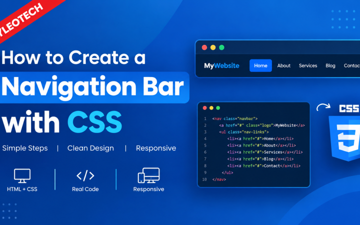Blue thumbnail showing how to create a navigation bar with CSS, featuring a website menu, HTML code.